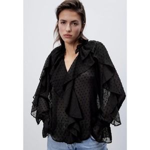 ZARA SWISS DOT RUFFLED BLOUSE BLACK